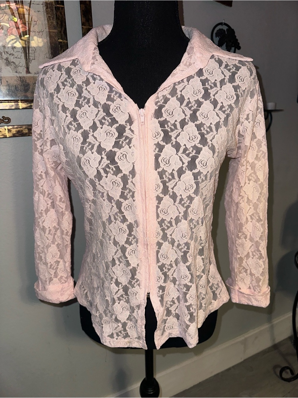 Vtg JKLA California Pink Floral Lace Sheer  Mesh w/ Zipper Front & Collar, Sz M